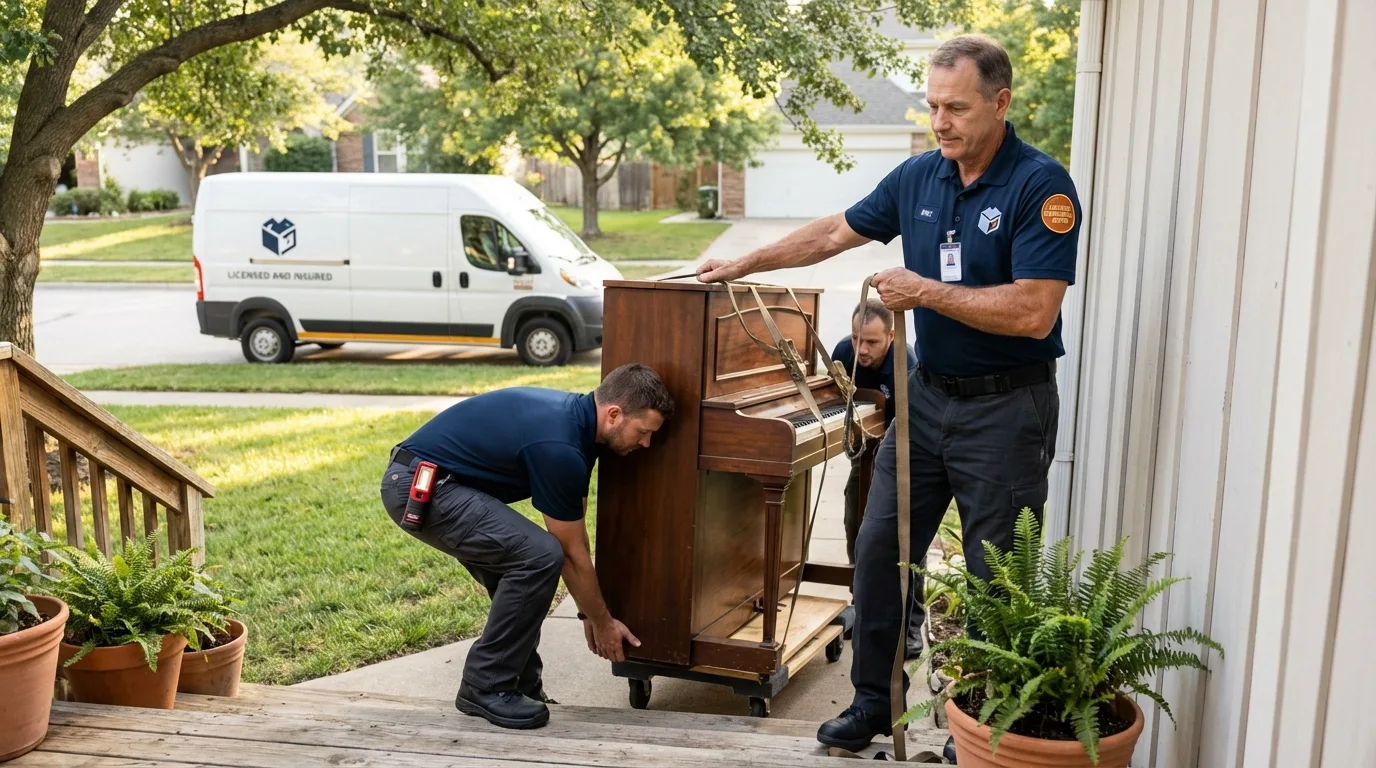 Licensed piano movers securing grand piano in Leland, MS