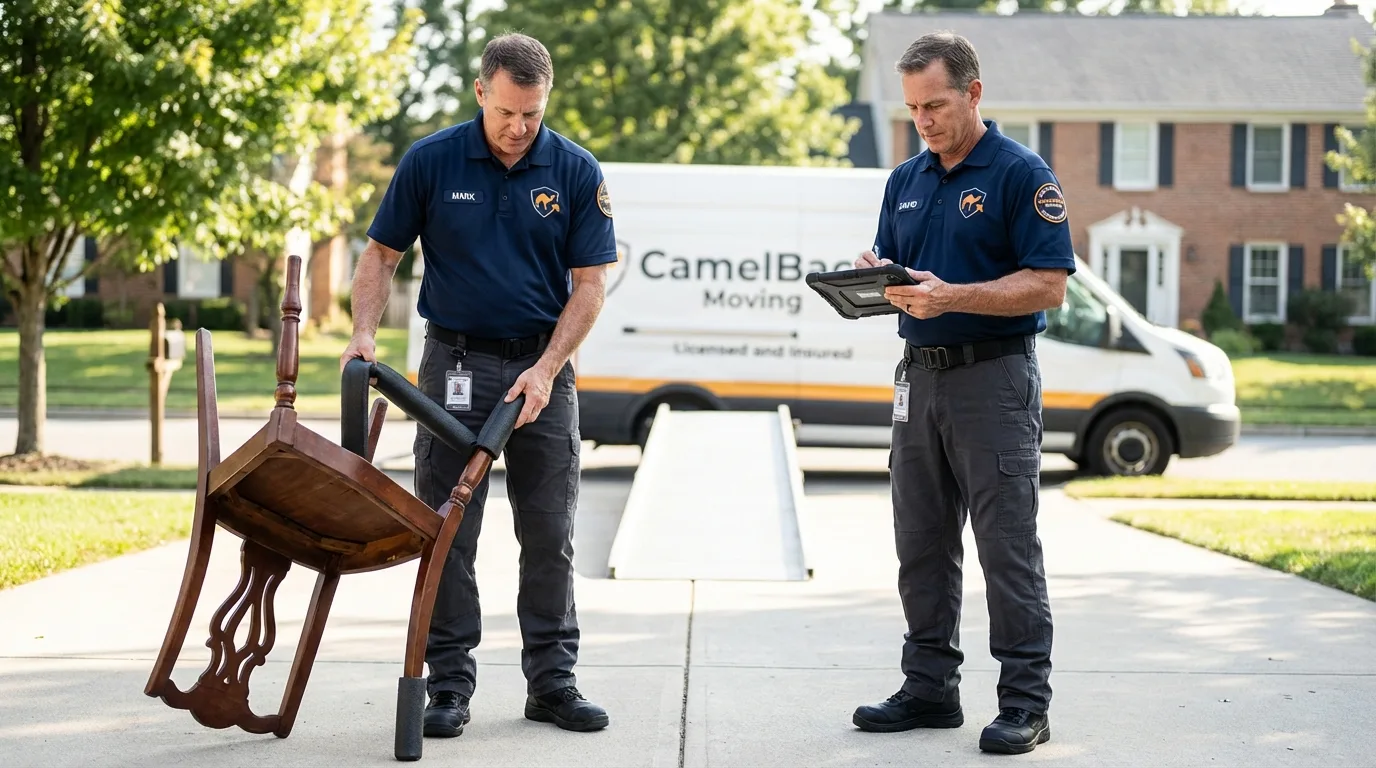 Movers inspecting furniture for damage prevention before loading in Leland, MS