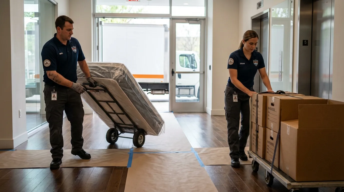 Professional apartment movers loading elevator in Leland, MS