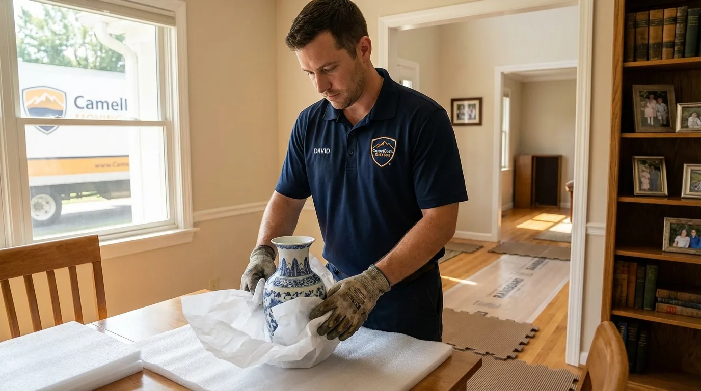 Professional crew carefully wrapping antique vase for senior downsizing move in Leland, MS